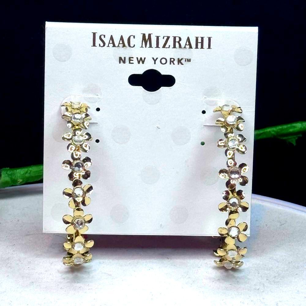 NWT Isaac Mizrahi Gold Tone Clear Crystal Flower Open Hoop Earrings 2"